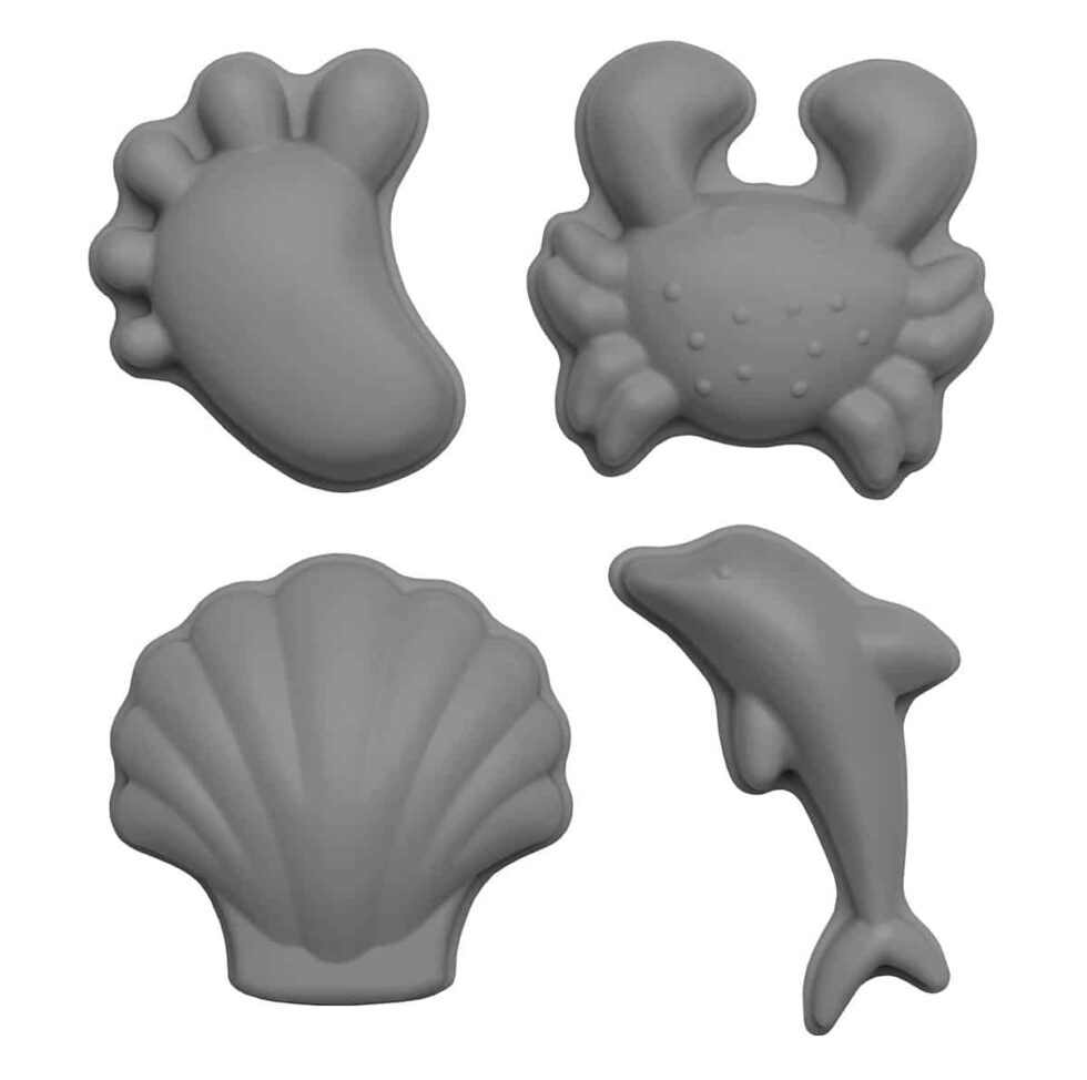 Scrunch - ZANDVORMPJES // SET A van 4 stuks, koel grijs 12cm, opvouwbaar, 100% siliconen, recycleerbaar, in netzakje, 12m+