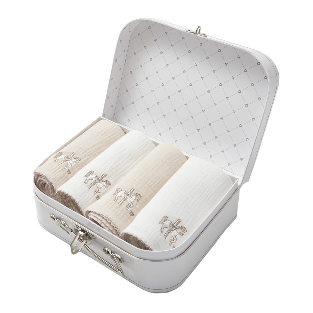 Theophile & Patachou - 4 geborduurde tetra doek 70x70 + koffertje ivoor /beige Carrousel