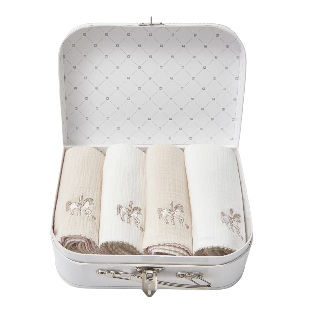 Theophile & Patachou - 4 geborduurde tetra doek 70x70 + koffertje ivoor /beige Carrousel