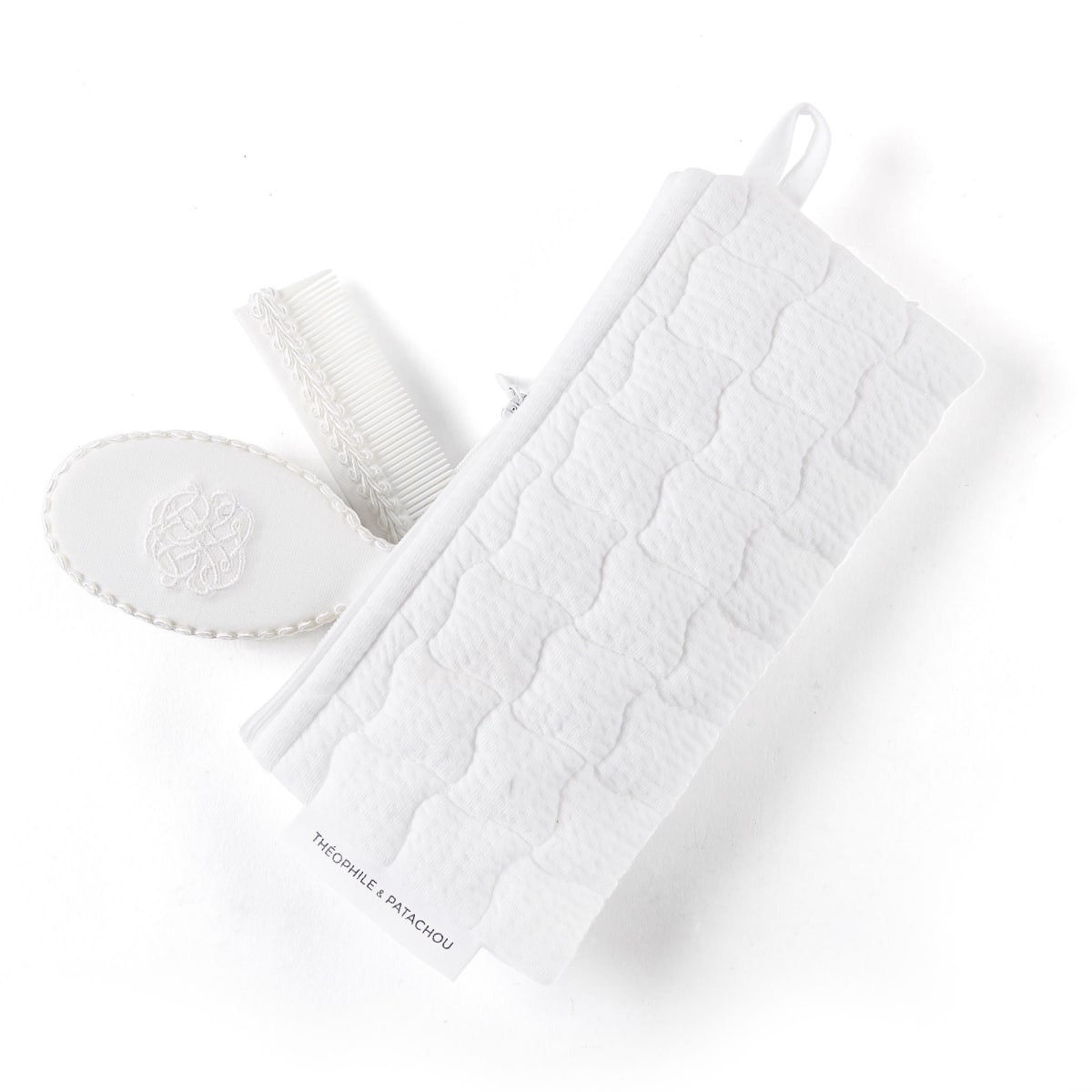 Theophile & Patachou - Borstel en kam geborduurd + zakje Wit