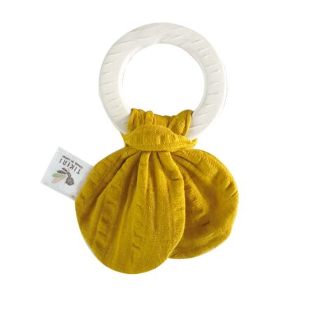 Tikiri - BIJTRING met gele knoop 16cm, in natuurlijk rubber, op kaart, 0+