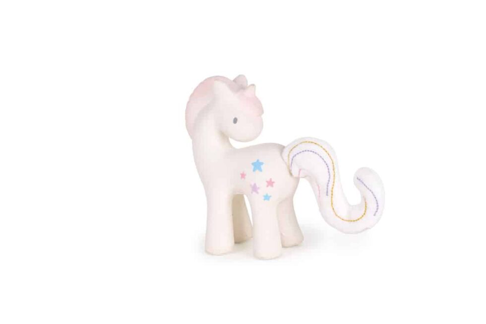 Tikiri - EENHOORN Cotton Candy 13cm, in natuurlijk rubber en katoen, met belletje, in vensterdoos, 0+