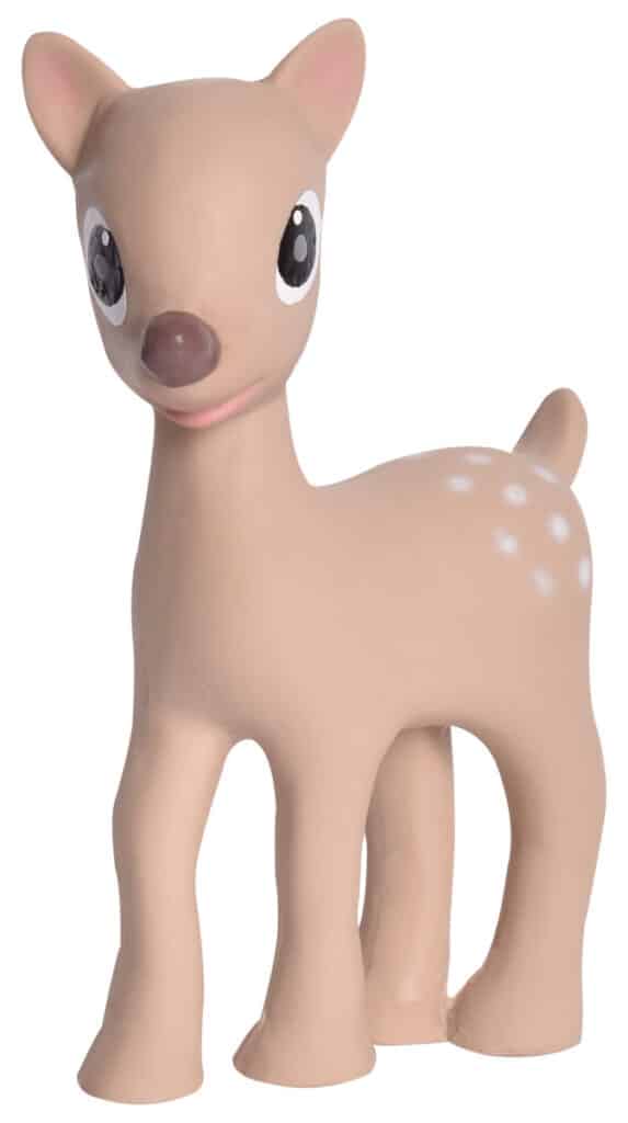 Tikiri - HERTJE - RAMMELAAR 17cm, in natuurlijk rubber, met belletje, met hangkaart, 0+