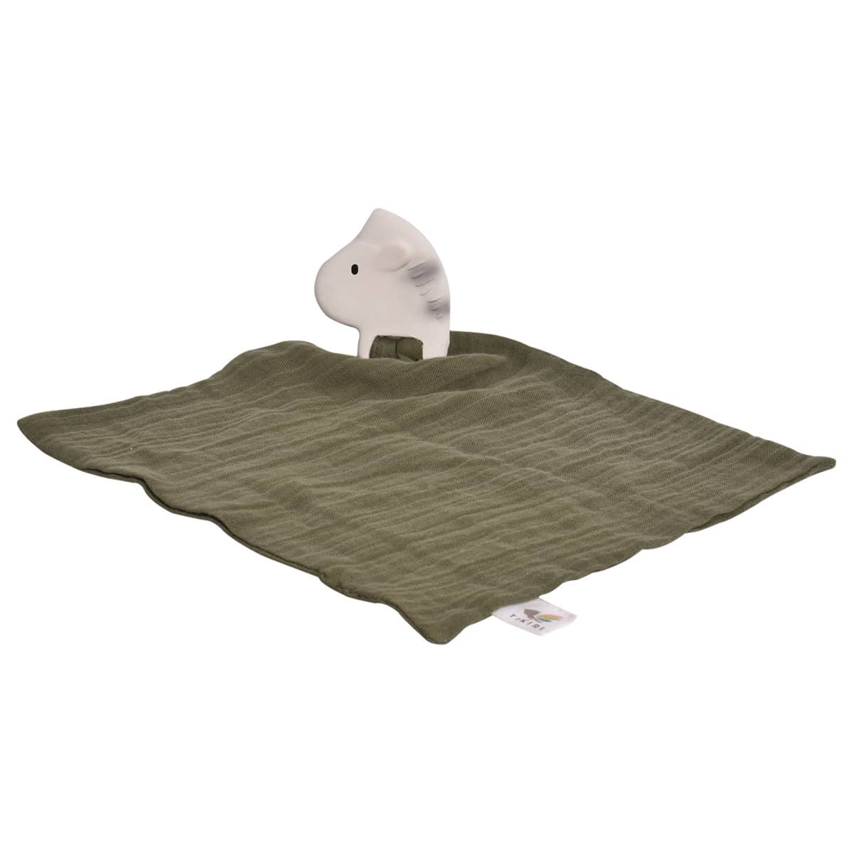 Tikiri - KNUFFELDOEKJE donkergroen - ZEBRA met hoofdje in natuurlijk rubber (bijtring) 25x23cm, op kaart, 0+