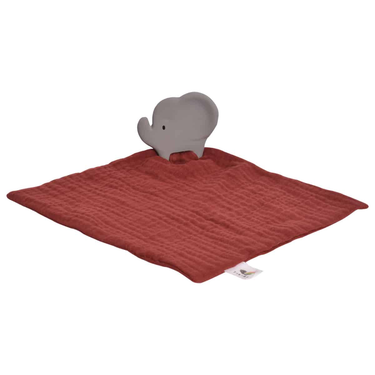 Tikiri - KNUFFELDOEKJE donkerrood - OLIFANT met hoofdje in natuurlijk rubber (bijtring) 25x23cm, op kaart, 0+
