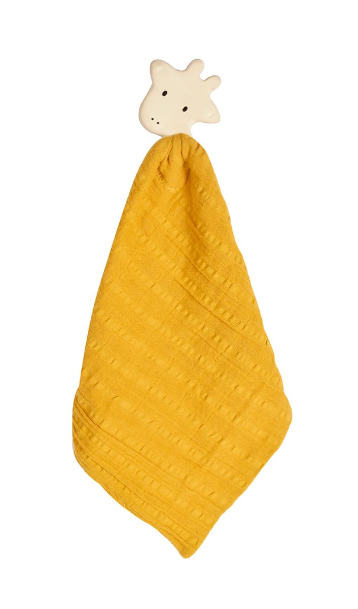 Tikiri - KNUFFELDOEKJE geel - GIRAF met hoofdje in natuurlijk rubber (bijtring) 25x23cm, op kaart, 0+