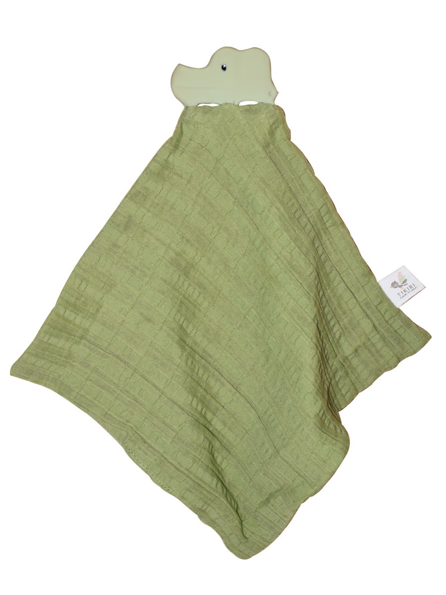 Tikiri - KNUFFELDOEKJE groen - KROKODIL met hoofdje in natuurlijk rubber (bijtring) 25x23cm, op kaart, 0+