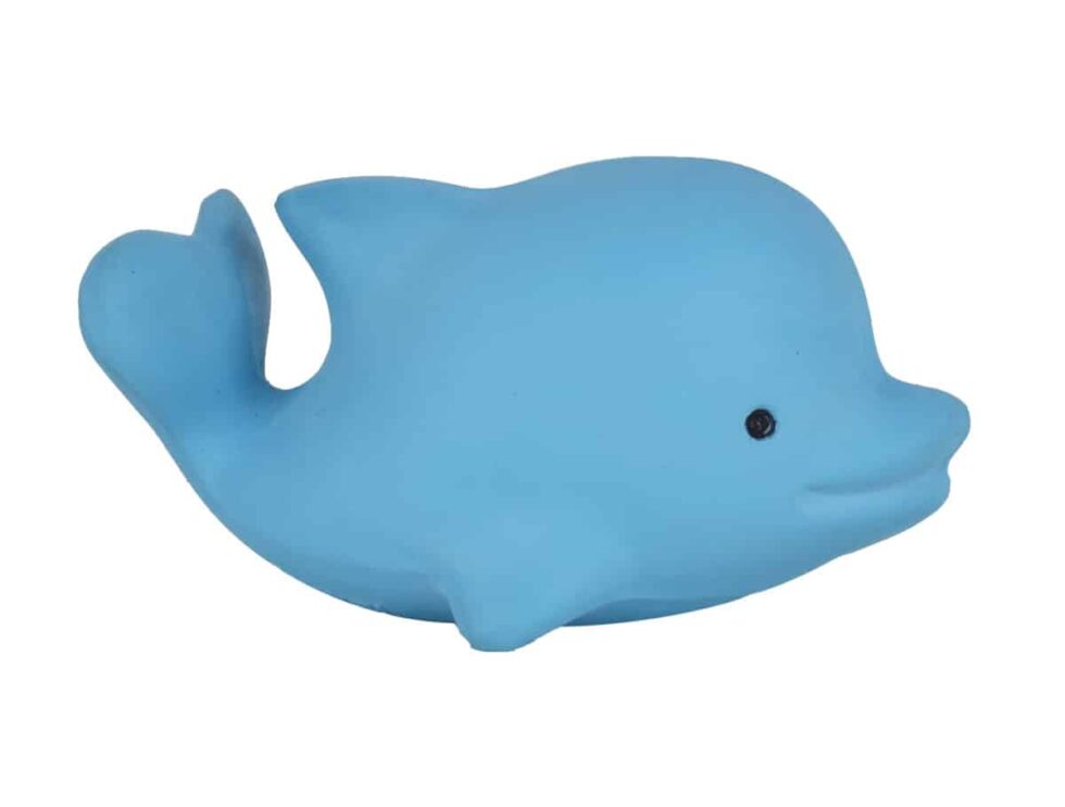 Tikiri - MIJN EERSTE OCEAANDIERTJE / DOLFIJN 6cm, in natuurlijk rubber, met belletje, met hangkaart, 0+