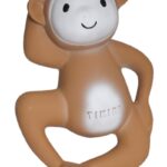 Tikiri - MIJN EERSTE SAFARIDIERTJE / AAP, in natuurlijk rubber, met belletje, met hangkaart, 0+