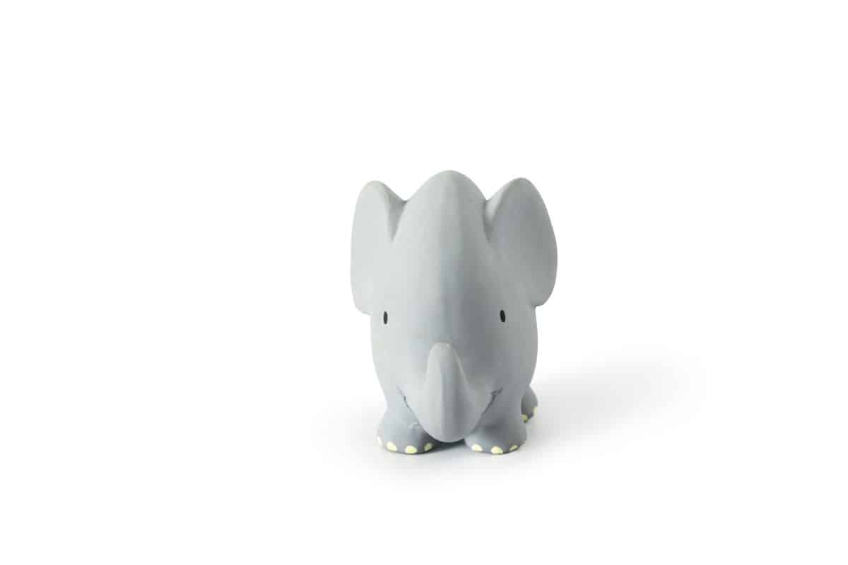 Tikiri - MIJN EERSTE SAFARIDIERTJE / OLIFANT, in natuurlijk rubber, met belletje, met hangkaart, 0+