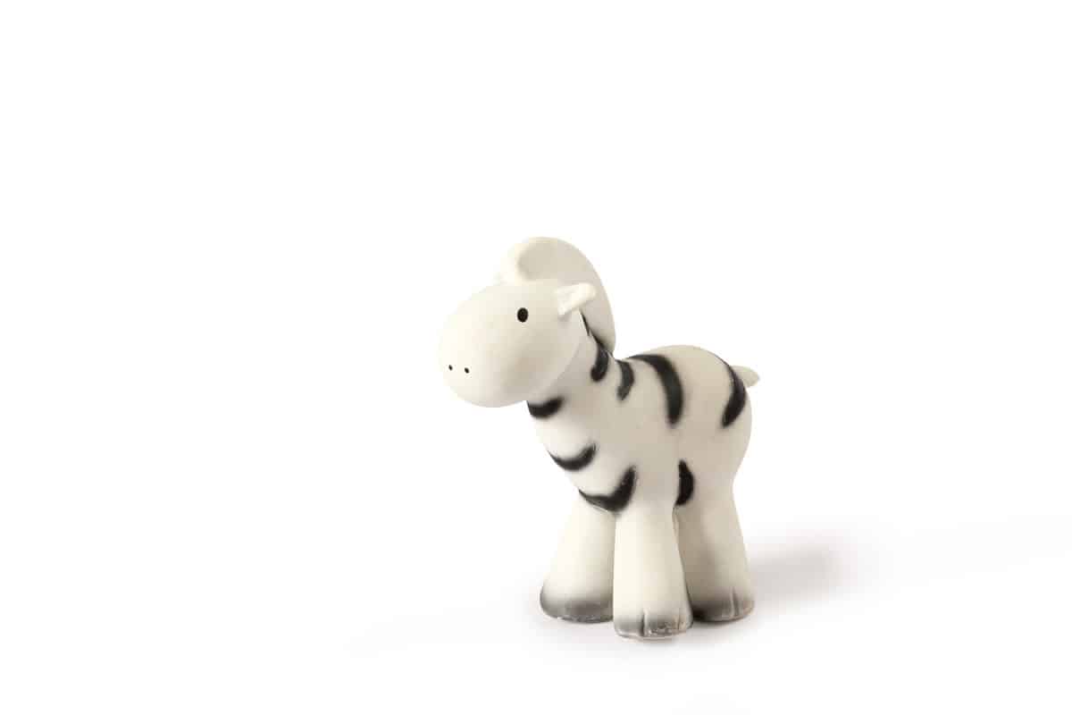 Tikiri - MIJN EERSTE SAFARIDIERTJE / ZEBRA, in natuurlijk rubber, met belletje, met hangkaart, 0+