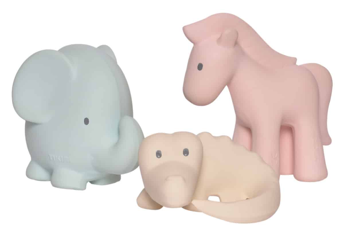 Tikiri - Marshmallow Collection SET VAN 3 SAFARI DIERTJES: olifant blauw 11cm, paard roze 12cm en krokodil cr√®mekleurig 5cm, in natuurlijk rubber, met belletje, in netzakje, 0+