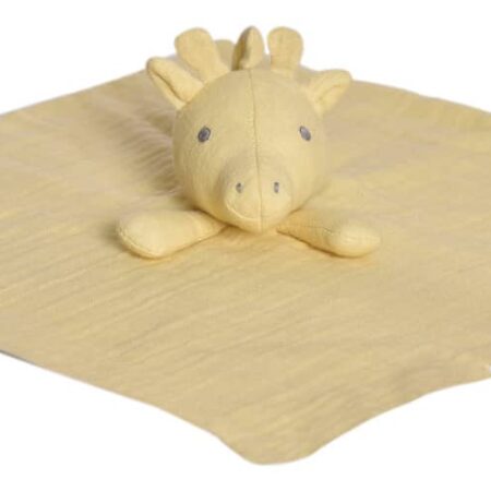 Tikiri - Safari - KNUFFELDOEKJE in biologisch katoen, geel - GIRAF met bijtring in natuurlijk rubber 30x30cm, op kaart, 0+