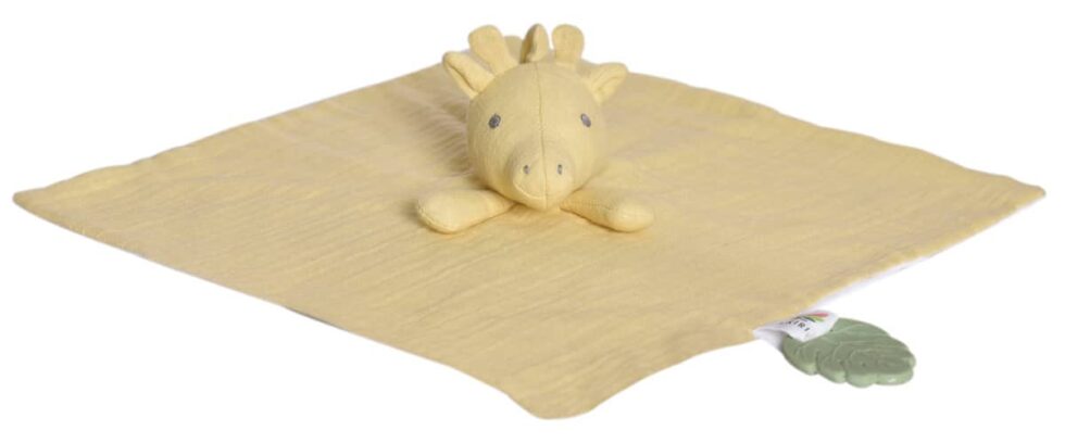 Tikiri - Safari - KNUFFELDOEKJE in biologisch katoen, geel - GIRAF met bijtring in natuurlijk rubber 30x30cm, op kaart, 0+