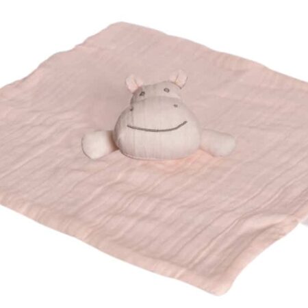 Tikiri - Safari - KNUFFELDOEKJE in biologisch katoen, roze - NIJLPAARD met bijtring in natuurlijk rubber 30x30cm, op kaart, 0+