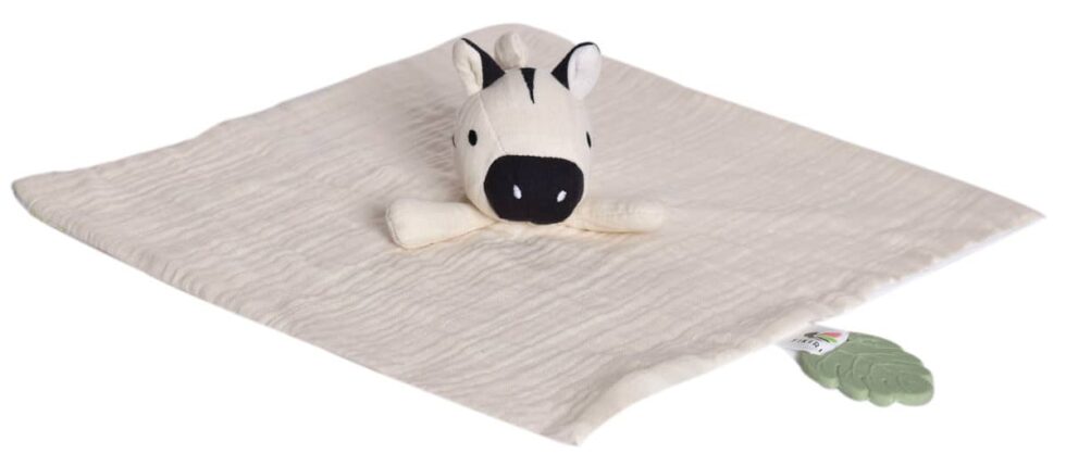 Tikiri - Safari - KNUFFELDOEKJE in biologisch katoen, wit - ZEBRA met bijtring in natuurlijk rubber 30x30cm, op kaart, 0+