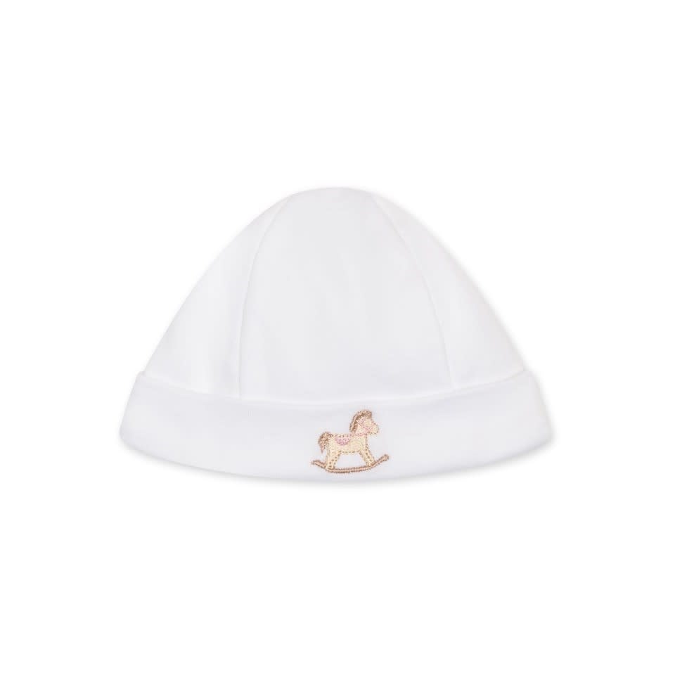 Baby Gi - White cotton babyhat - Rocking Horse - Pink detail (0-1M)