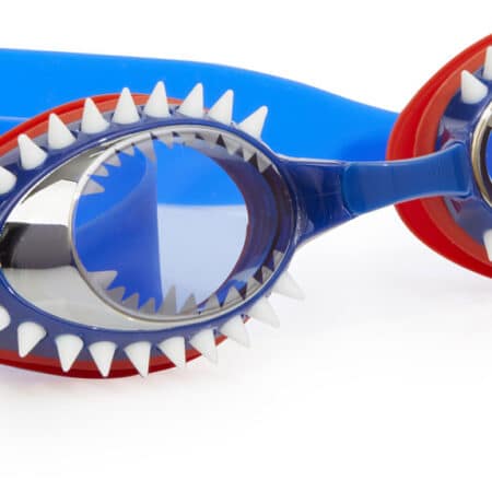 Bling2o - ZWEMBRIL: FISH-N-CHIPS - Tiger Shark Navy, blauw, siliconen, aanpasbare hoofdband, 100% UV bescherming, anti-condens, in doorzichtige bewaardoos, 3+