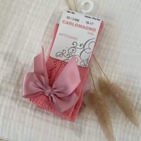 Carlomagno - Gehaakte kniekous oud roze met strik op zijkant