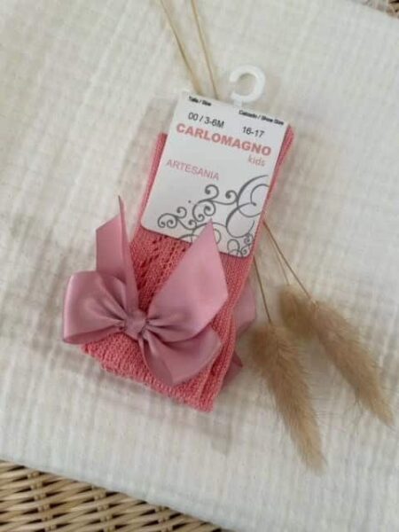 Carlomagno - Gehaakte kniekous oud roze met strik op zijkant