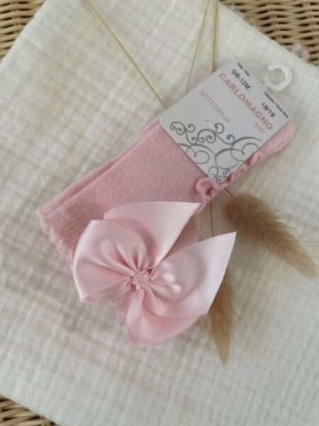 Carlomagno - Kniekous zacht roze met ruffle en strik