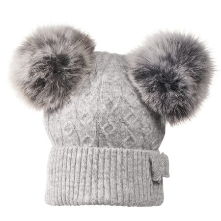 First - Caro Knitted Bonnet 2 Fur Ponpon & Bow - Grey