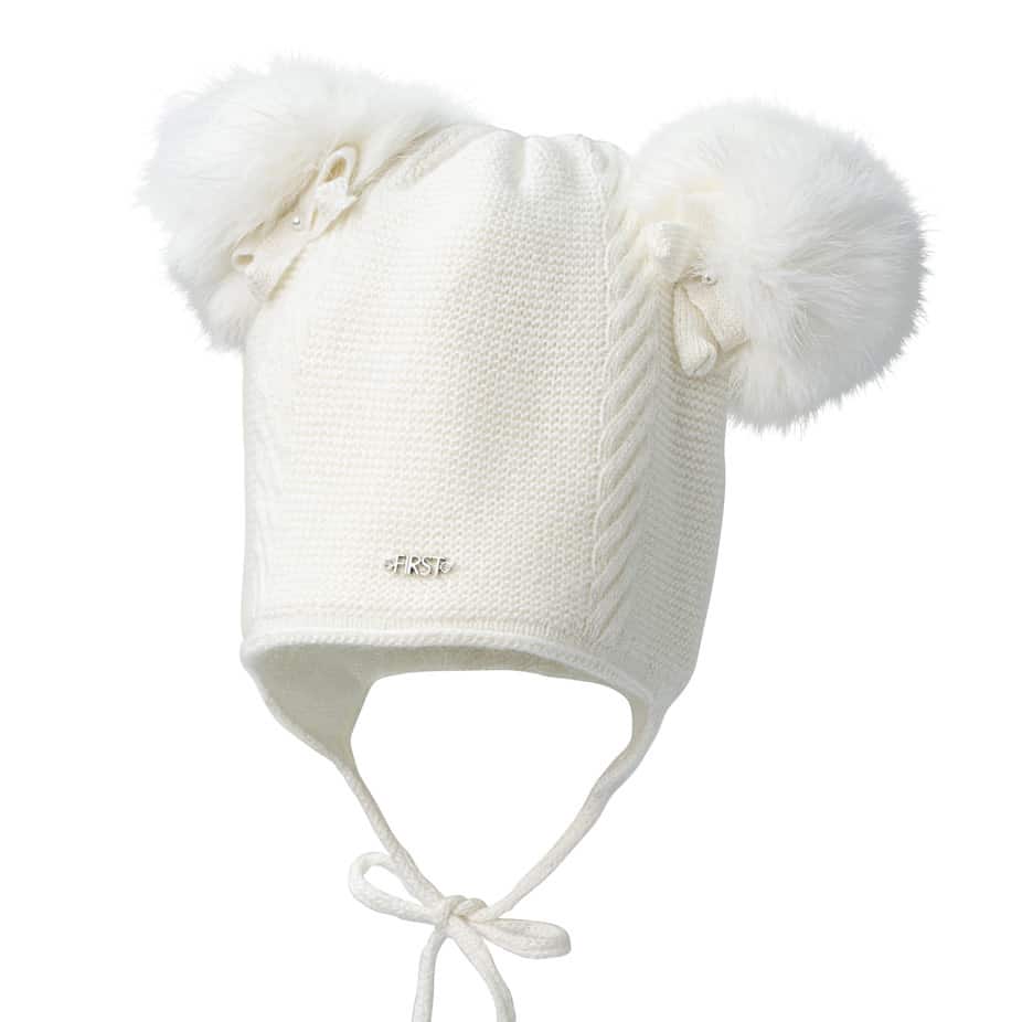 First - Endless Grey - Ecru gevoerde babymuts in wool & cashmere met 2 ponpons & strikje.