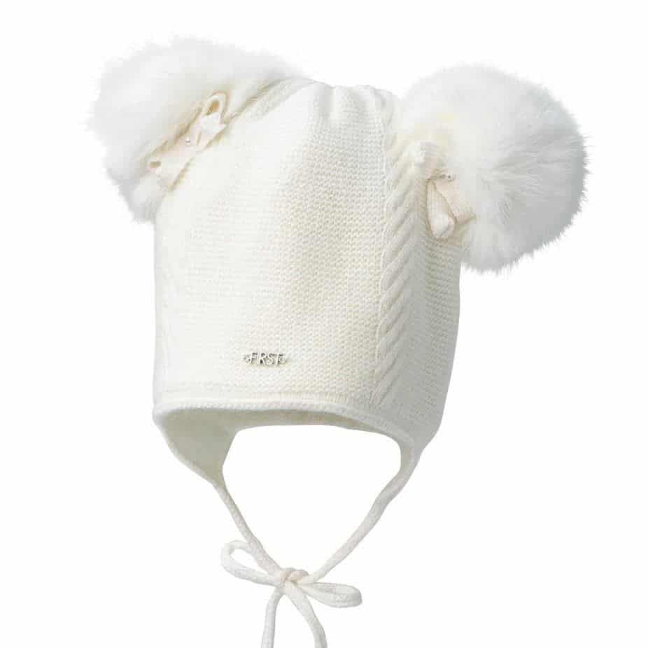 First - Endless Grey - Ecru gevoerde babymuts in wool & cashmere met 2 ponpons & strikje.