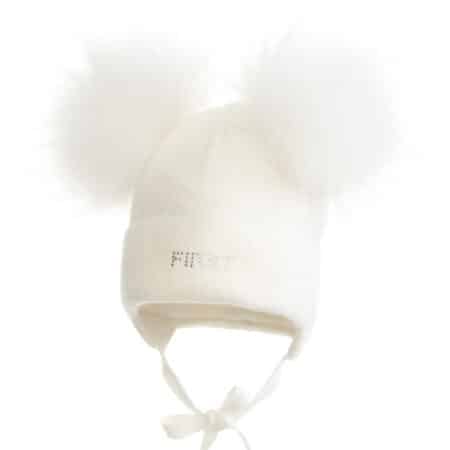 First - Endless Grey - Ecru gevoerde babymuts in wool & cashmere met omslag & fijn streepje in lurex & 2 ponpons in bont, gevoerd met katoen.