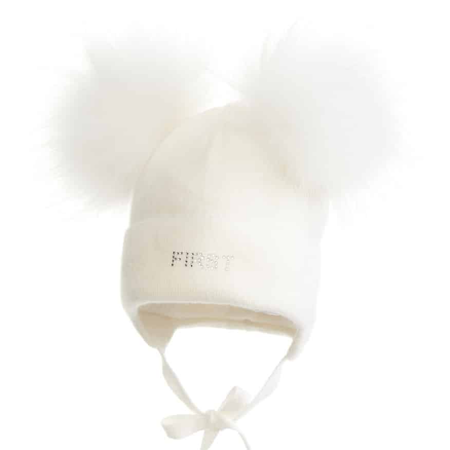 First - Endless Grey - Ecru gevoerde babymuts in wool & cashmere met omslag & fijn streepje in lurex & 2 ponpons in bont, gevoerd met katoen.