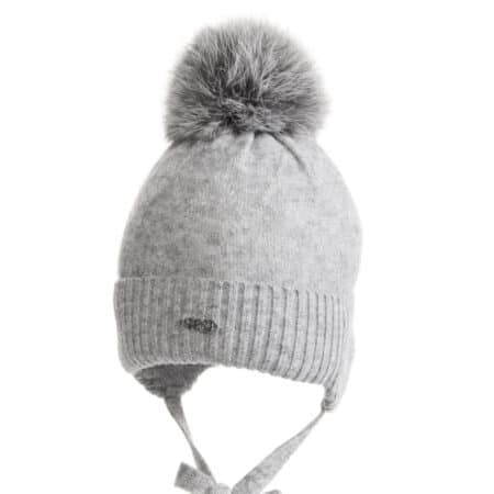 First - Endless Grey - Grijze gevoerde babymuts in wool & cashmere in jacquard met omslag, gevoerd met katoen. Ponpon in bont.
