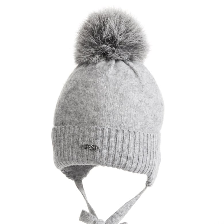 First - Endless Grey - Grijze gevoerde babymuts in wool & cashmere in jacquard met omslag, gevoerd met katoen. Ponpon in bont.