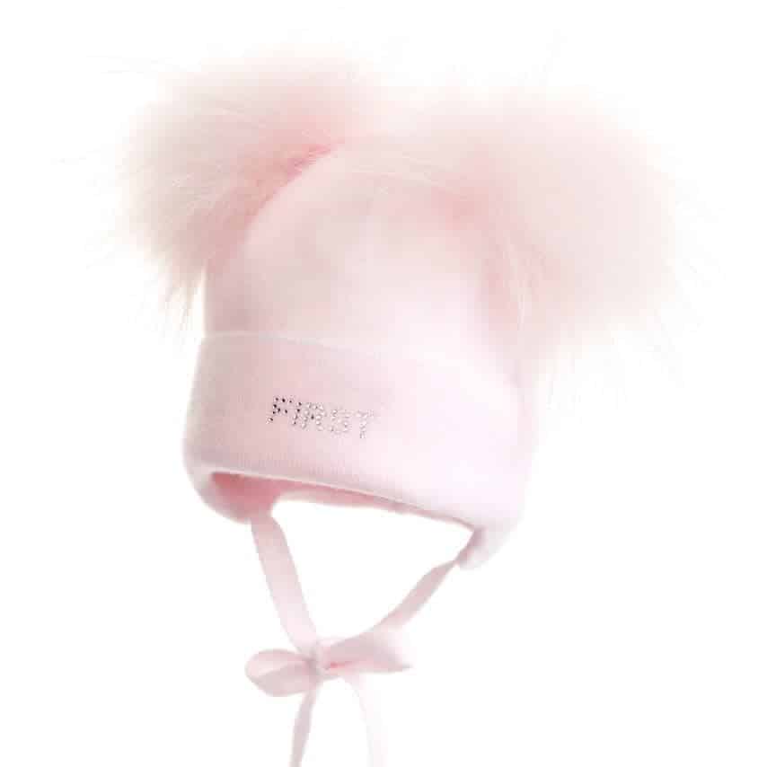 First - Pretty Pink - Roze gevoerde babymuts in wool & cashmere met omslag & fijn streepje in lurex & 2 ponpons in bont, gevoerd met katoen.