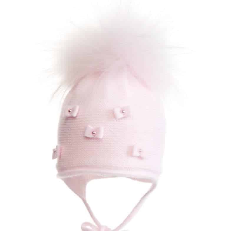 First - Pretty Pink - Roze gevoerde babymuts in wool & cashmere met strikjes en pareltjes,gevoerd met katoen.Ponpon in bont