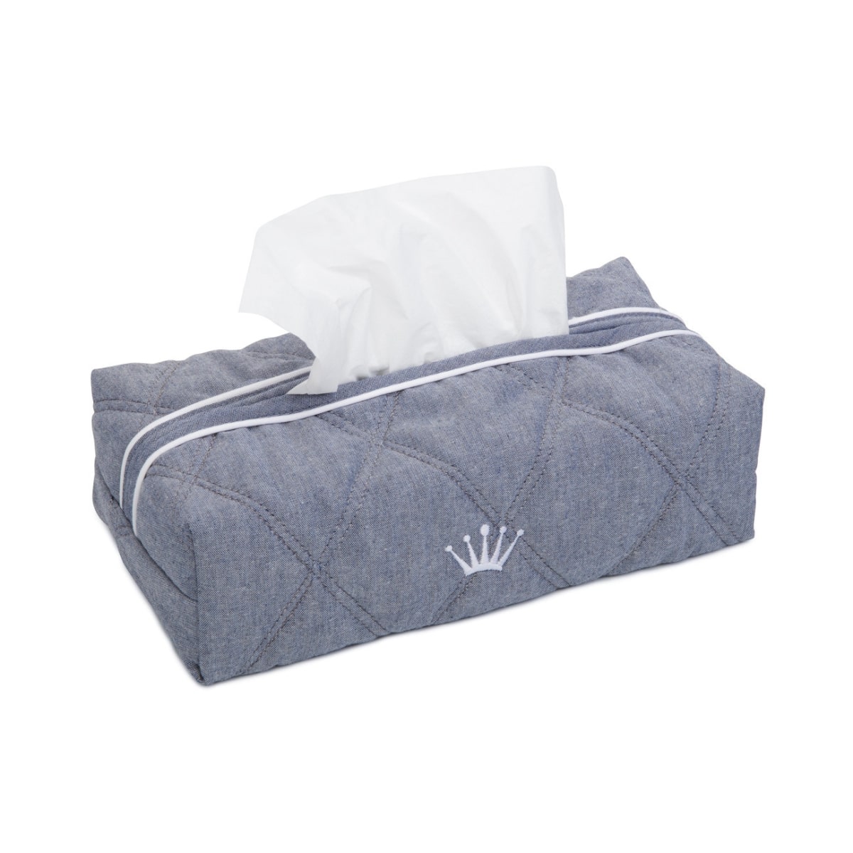 First - True Blue - Denim doorstikt katoen kleenex hoesje met witte biesjes.