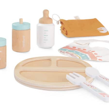 Miniland - EETSETJE voor POPPEN, in hout, 7-delig, bord 14cm, met draagtasje, 3+