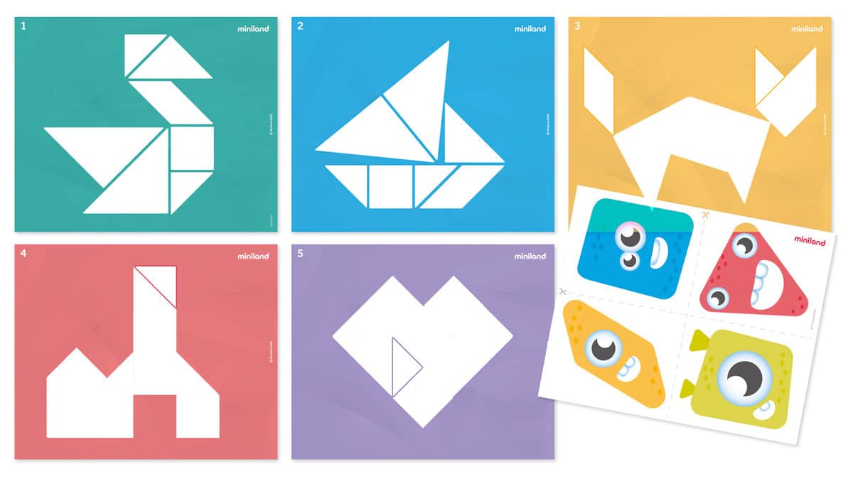 Miniland - TANGRAM, doorzichtig, met 4 tangrams (28st.), 6 transparante speelkaarten, geschikt voor lightpad, 3+