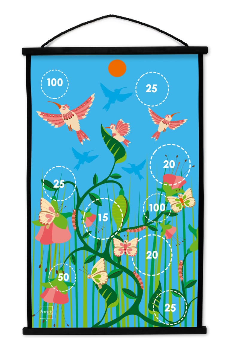 Scratch - Active Play: START TO DART Kolibries 38x60cm, 2-zijdig bedrukt, met 6 darts met zuignappen, in doos, 3+