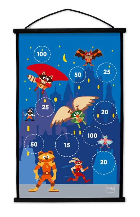 Scratch - Active Play: START TO DART Superhelden 38x60cm, 2-zijdig bedrukt, met 6 darts met zuignappen, in doos, 5+