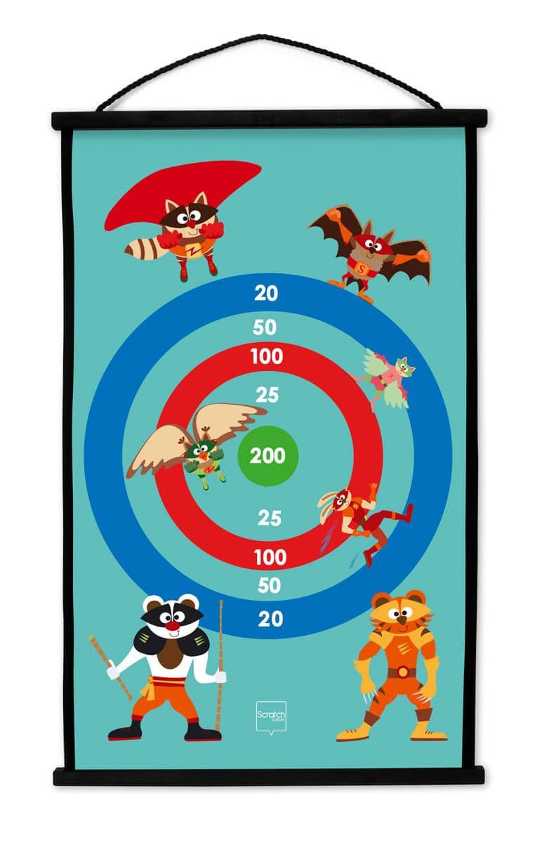 Scratch - Active Play: START TO DART Superhelden 38x60cm, 2-zijdig bedrukt, met 6 darts met zuignappen, in doos, 5+