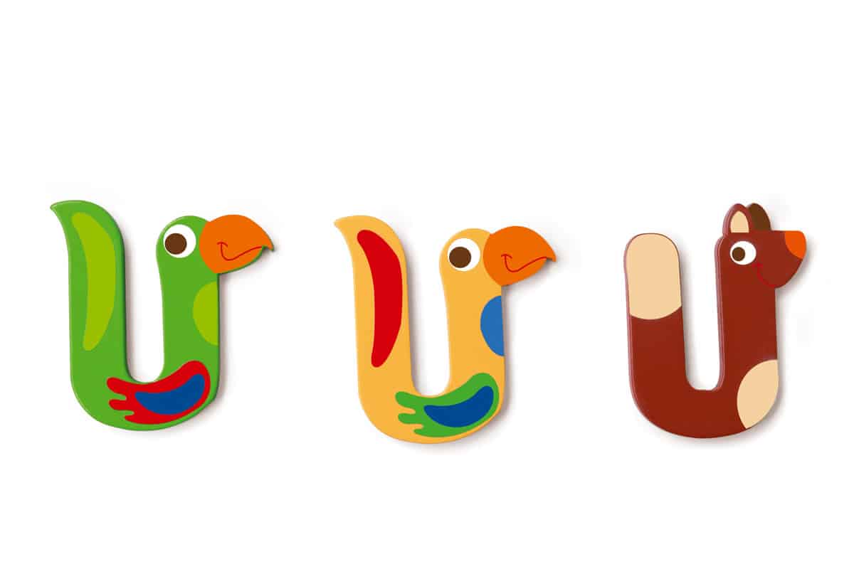 Scratch - Houten Letter: LETTER 'U', 3 modellen gemengd, 3 zelfklevende stickers inbegrepen, op kaart