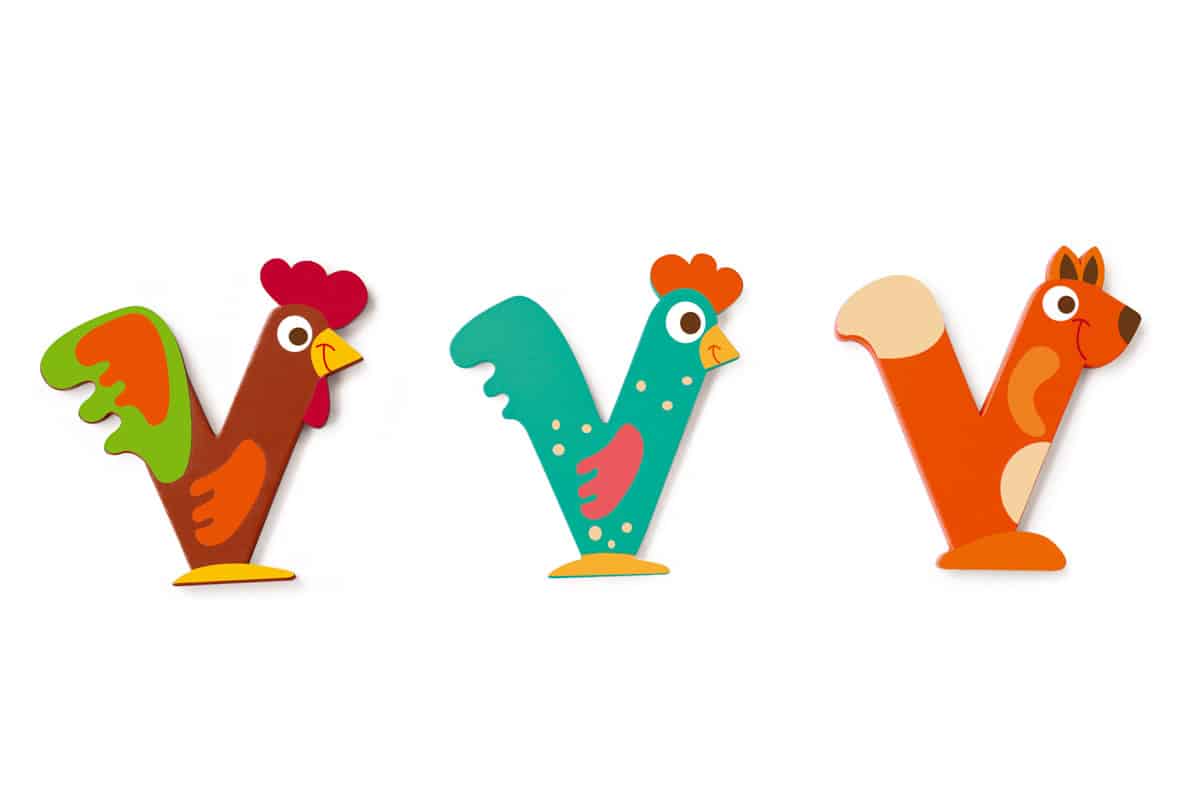 Scratch - Houten Letter: LETTER 'V', 3 modellen gemengd, 3 zelfklevende stickers inbegrepen, op kaart