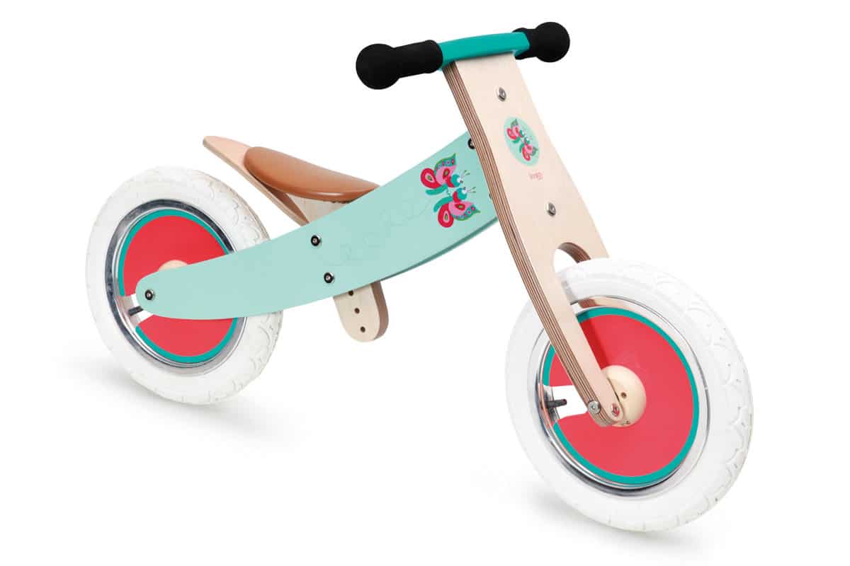 Scratch - Mobiliteit: BALANCE BIKE reversible - VLINDERS 83x54x37cm, meegroeifiets met omkeerbare kader om fiets geschikt te maken voor grotere kinderen (3+), met verstelbare zithoogte H29-45cm en begrensde sturing H52cm, in doos, 2+/3+
