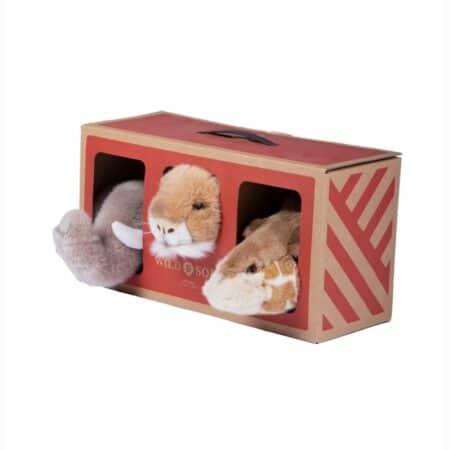 Wild & Soft - Safari box: set v. 3 kl.kopjes (olifant/leeuw/giraf) m/doos
