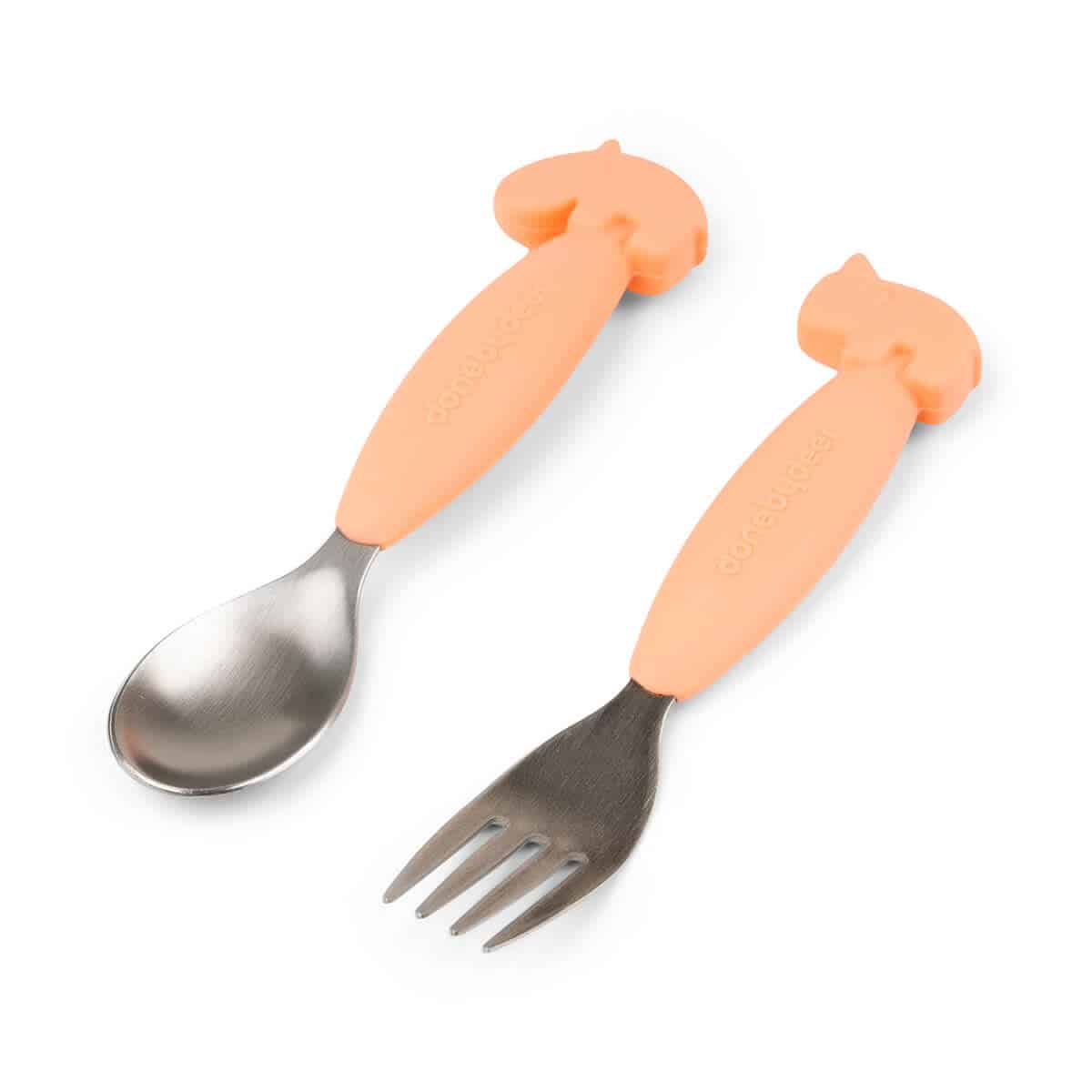 Done by Deer - Easy-grip spoon and fork set Deer friends Coral