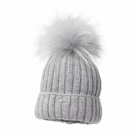 First - Muts Gebreid Grijs met Bonten Pompon