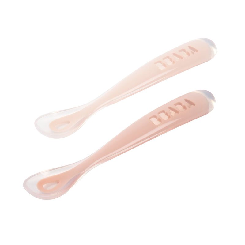 Beaba - Set van 2 siliconenlepels 1ste leeftijd met reisetui - Duo Cotton Candy / Marshmellow