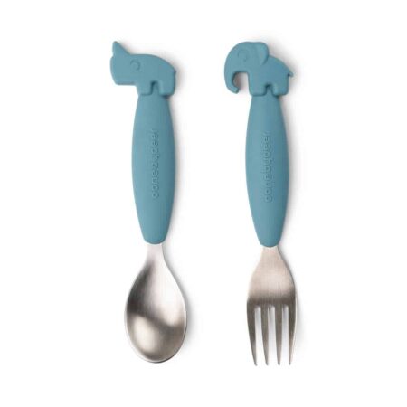 Done by Deer - Easy-grip spoon and fork set Deer friends Blue