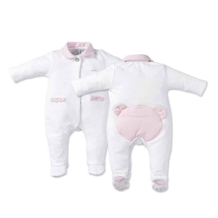 First - Pretty Pink - Combi in witte jersey met rose teddybeerkopje op de rugzijde, geborduurde berevoetjes met witte details