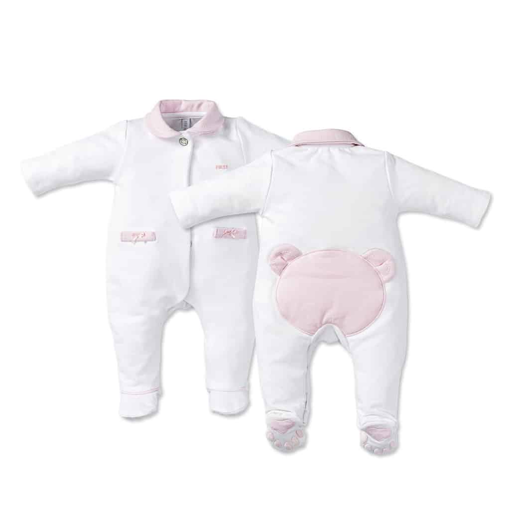 First - Pretty Pink - Combi in witte jersey met rose teddybeerkopje op de rugzijde, geborduurde berevoetjes met witte details